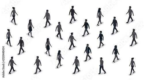 Isometric crowd of walking people silhouettes set vector illustration