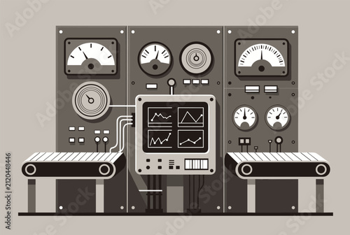 Monochromatic illustration of a complex industrial control room with conveyor belts, various monitors, gauges, and technical switchgear systems.