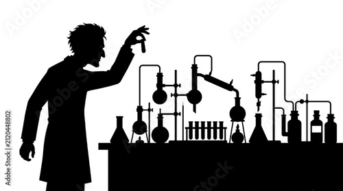 Quadro su tela Silhouette of a mad scientist conducting a complex chemistry experiment in a lab