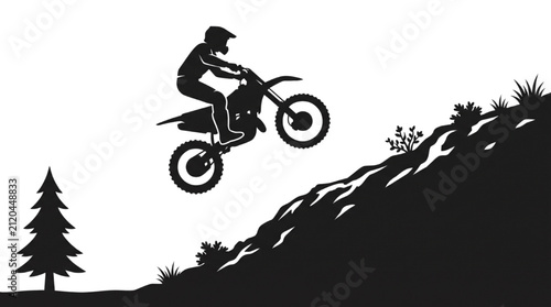 Bild auf Leinwand Motocross rider jumping motorcycle over mountain slope silhouette