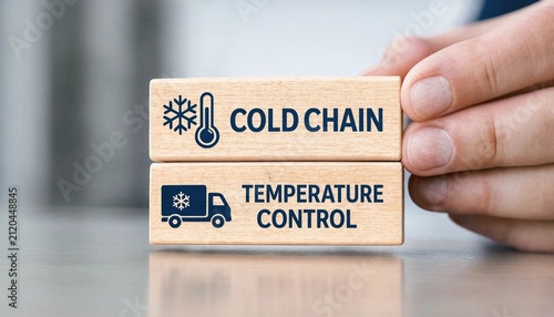 Hand holding wooden blocks illustrating cold chain logistics and temperature controlled transportation concepts