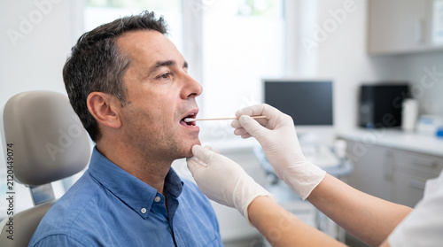Gloved hand collecting oral swab from male patient for DNA, PCR, or pathogen testing in a clinic