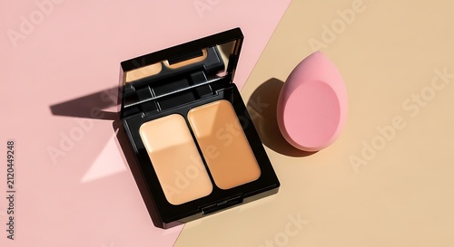 Cosmetic concealer palette with two shades of beige cream and a pink makeup sponge placed on a split pink and beige geometric background surface