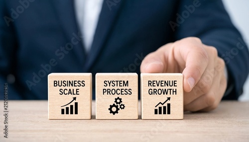Professional hand arranging wooden blocks representing business scale system process and revenue growth on a table