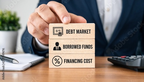 Professional holding wooden blocks illustrating key financial concepts like debt market borrowed funds and financing cost