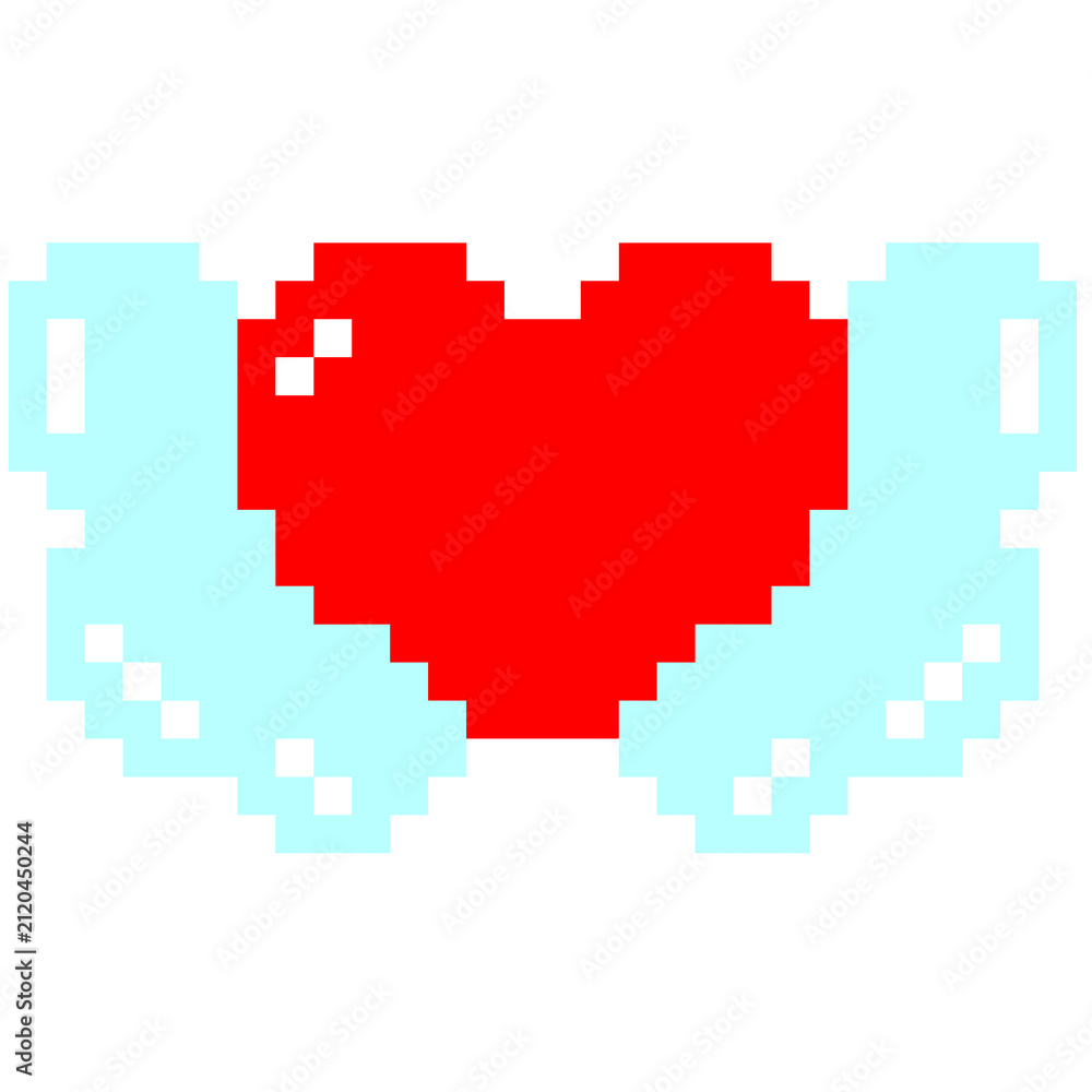 Fototapeta premium A pixel art red heart icon with light blue angel wings isolated for valentine day graphic design retro gaming element and romantic concept