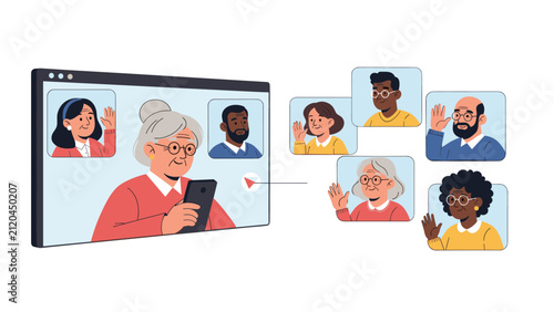 Laptop screen displaying a group video call connecting several elderly people for a virtual social gathering online.