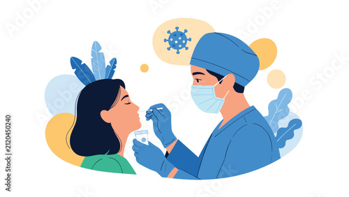 Medical professional wearing protective mask and gloves performs nasal swab test on female patient for respiratory virus.