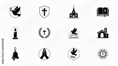 фотографія Minimalist black religious symbols icons set with prayer elements grid layout co