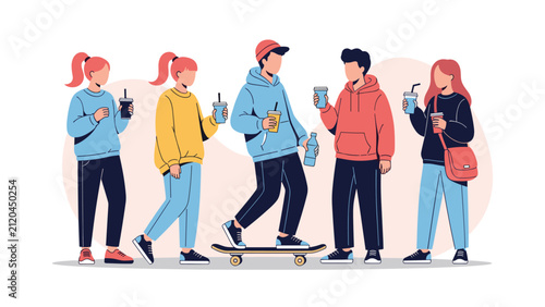Diverse group of young teenagers standing outdoors while holding drinks and one male friend is riding a skateboard.