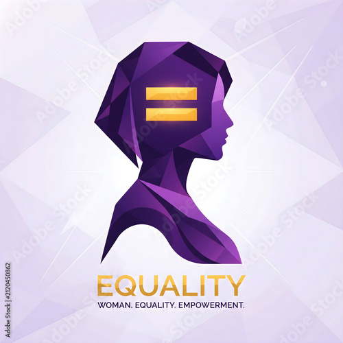 Gender equality icon with woman profile silhouette, gold equal sign with celestial geometry, and women rights badge. Flat and modern vector design.