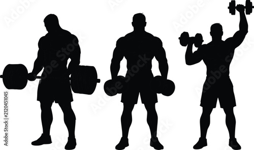 Bild auf Leinwand Three silhouettes of muscular men exercising with heavy dumbbells and barbells i