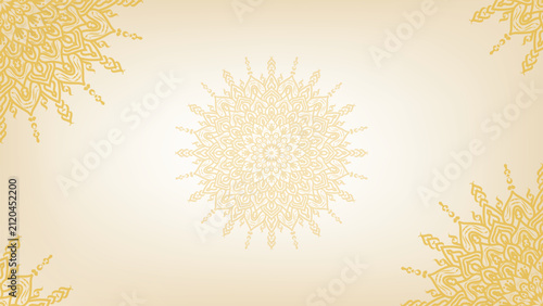 Round mandala on dreamy peach fuzz gradient background. Translucent mesh pattern in the form of a mandala. Mandala with floral patterns. Pastel Yoga template. Gradient background with round mandala