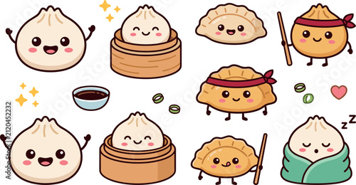 Cute dim sum and dumpling cartoon characters set vector illustration of happy smiling baozi gyoza and wonton mascots for asian food design stickers