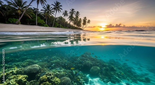 Split underwater and above water view of a tropical beach with palm trees at sunset and a vibrant coral reef with fish below