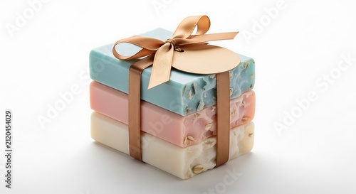 Stack of three handmade artisan soap bars wrapped in a brown ribbon with a blank gift tag isolated on a plain white background