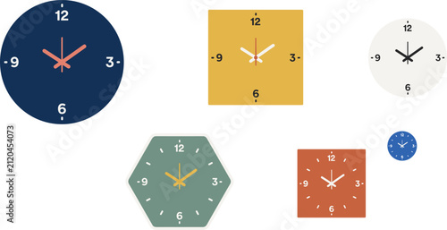Set of colorful modern wall clocks with different shapes and sizes