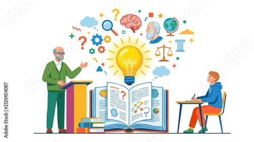 Philosophy lesson with teacher and student. Education concept with light bulb and book.