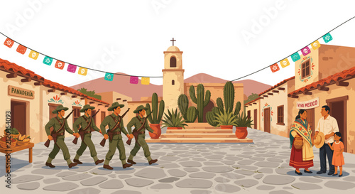 Mexican village square with soldiers and local family