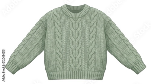 Sage green cable knit sweater. Oversized wool pullover isolated on white background.