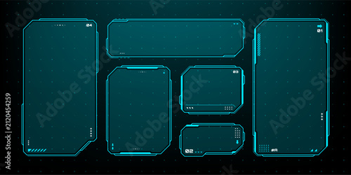 Blue HUD vector graphic frames on digital grid background. Futuristic user interface elements for software design. Cyberpunk screen overlay for game menu and data information display.