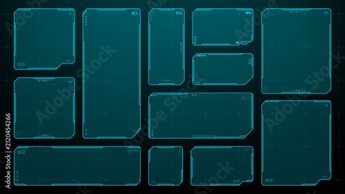 Set of blue hud vector frames for interface design. Futuristic digital dashboard elements for display. Tech window border layout for information system and game graphic overlay.
