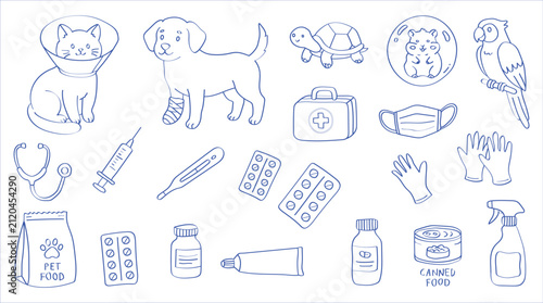 Veterinary clinic and pet care doodle set, hand drawn medical equipment and animals isolated on white