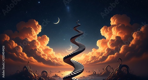 Surreal spiral staircase leading into a starry night sky with glowing orange clouds and strange organic shapes on the horizon at twilight