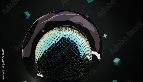 Quadro su tela Metallic sphere encased within dark liquid obsidian orb