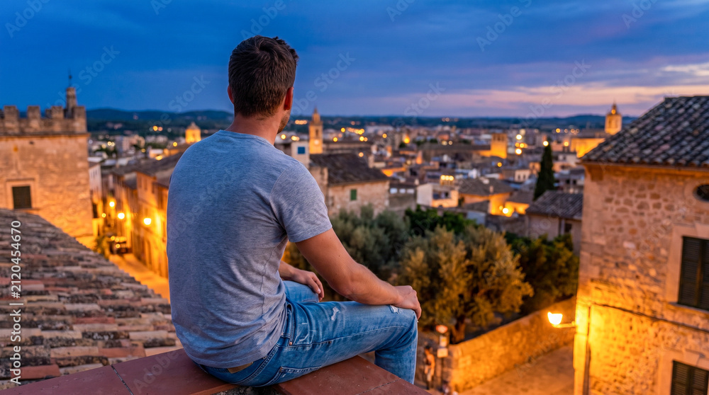 Obraz premium Young man sitting on a rooftop ledge overlooking a historic European town during twilight, enjoying the scenic view of city lights and old architecture under a blue sky