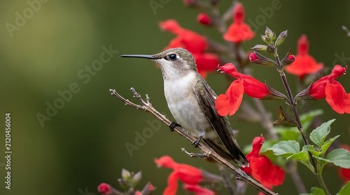Gray hummingbird feeding on bright red flowers in nature