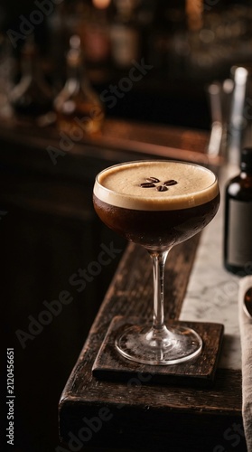 an espresso martini in a coupe glass with coffee beans and foam, rich dark tones with soft highlights, elegant condensation, sophisticated mood, negative space on the left