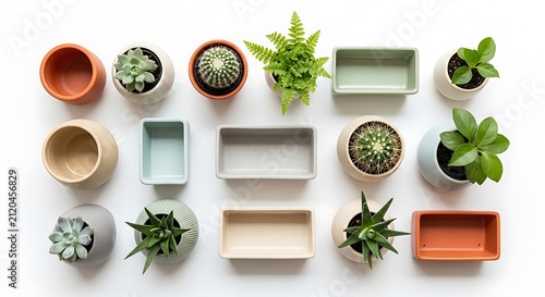 View of various small potted succulents and cacti in colorful ceramic pots arranged on a clean white background, for home decor inspiration