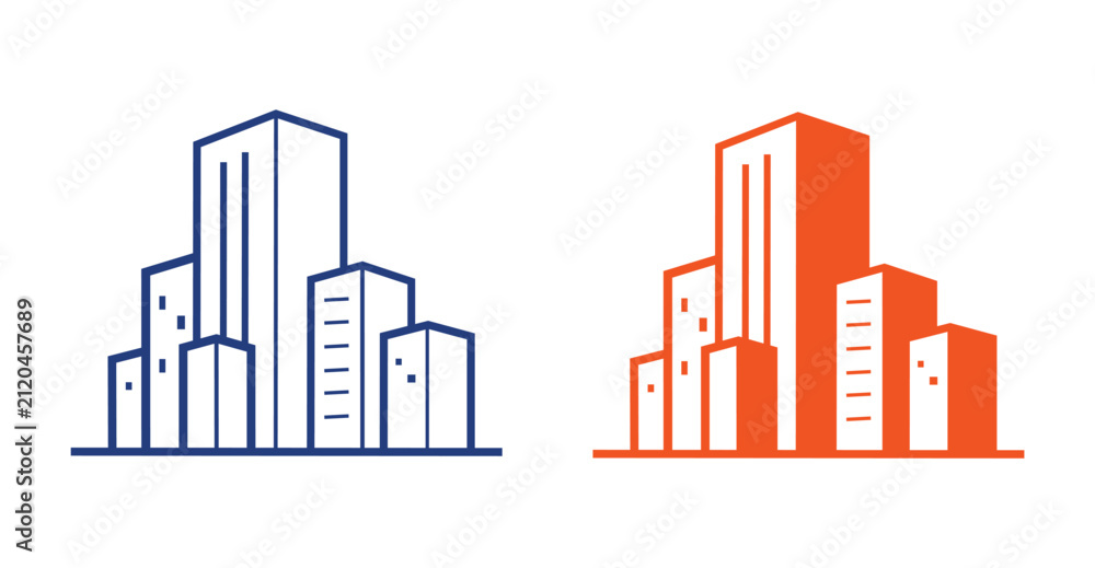 Obraz premium Modern city building logo set. Minimal modern city building logo set featuring blue and orange urban skyline illustrations.