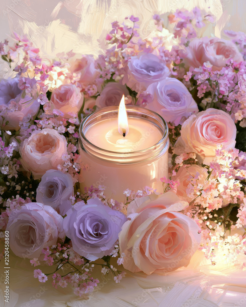 Obraz premium Oil painting of a glowing candle in a glass jar surrounded by pink and white roses, cozy romantic background