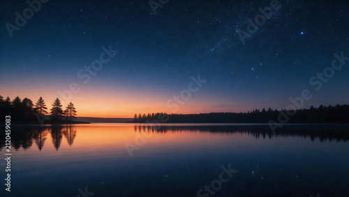 Night sky with stars and lake reflection
