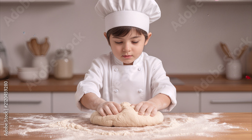 Aspiring child chef kneading dough on flour-dusted wooden table in modern kitchen. Young boy wearing professional white cook uniform and hat practicing baking skills.