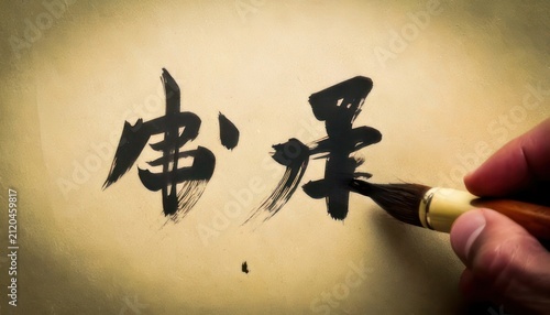 Chinese calligraphy art in progress with brush and ink.