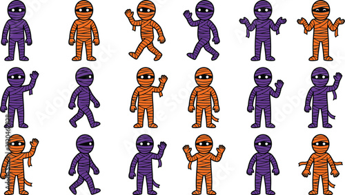 Bild auf Leinwand Set of cute cartoon mummy characters in purple and orange colors for a fun hallo