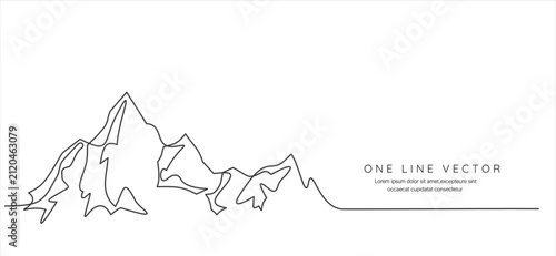 One continuous line drawing of mountain range landscape. Web banner with mounts in simple linear style. Adventure winter sports concept isolated on white. Hand drawn one line vector. Editable stroke
