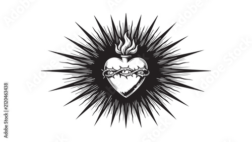 Sacred Heart of Jesus illustration with thorns and flames in vintage woodcut style with sunburst