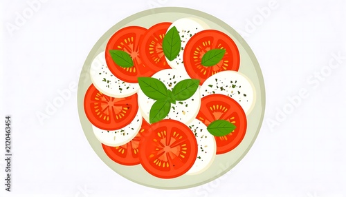 Colorful sliced tomatoes and fresh basil leaves on white plate.