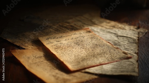 Vintage parchment manuscripts resting upon a dark wooden table surface