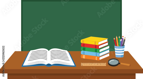 Desk featuring an open textbook and a stack of colorful books provides an ideal setting for academic study.