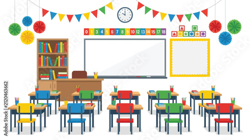 Classroom interior with colorful furniture and a whiteboard displays a festive atmosphere for young students.