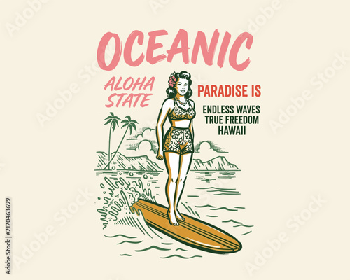 Photography Vintage Hawaii surfing girl illustration
