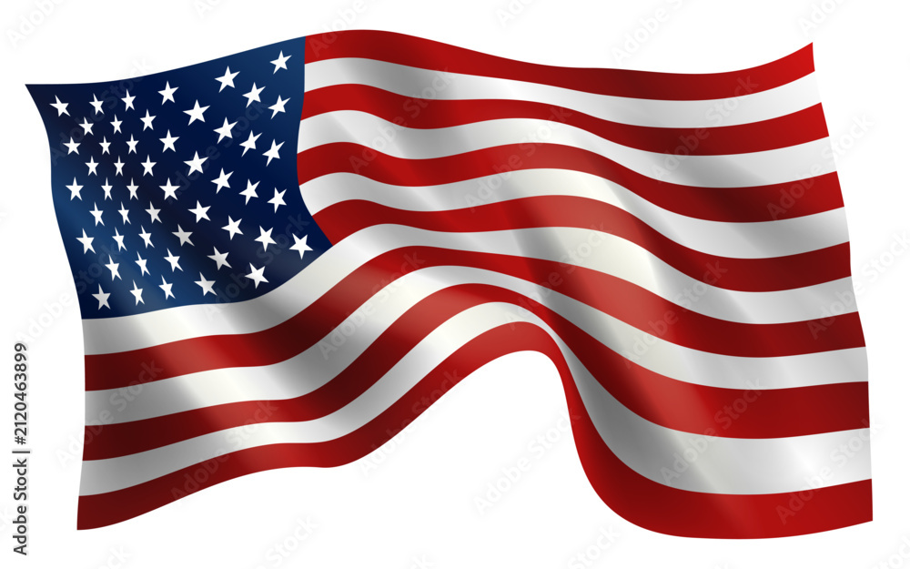Fototapeta premium Waving United States flag isolated on white background, American Flag fabric wave vector illustration