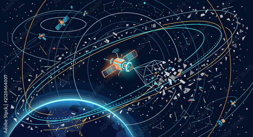 Fototapeta premium Satellite orbiting earth with space debris surrounding planet in deep outer space concept.