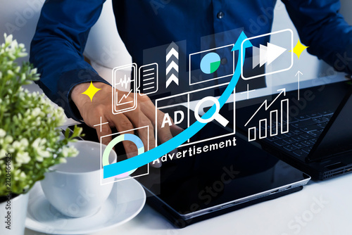 Business concept using advertising media and viewing online advertising rating data, working in communication and product advertising.