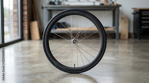 Black bicycle wheel standing upright in a workshop setting.